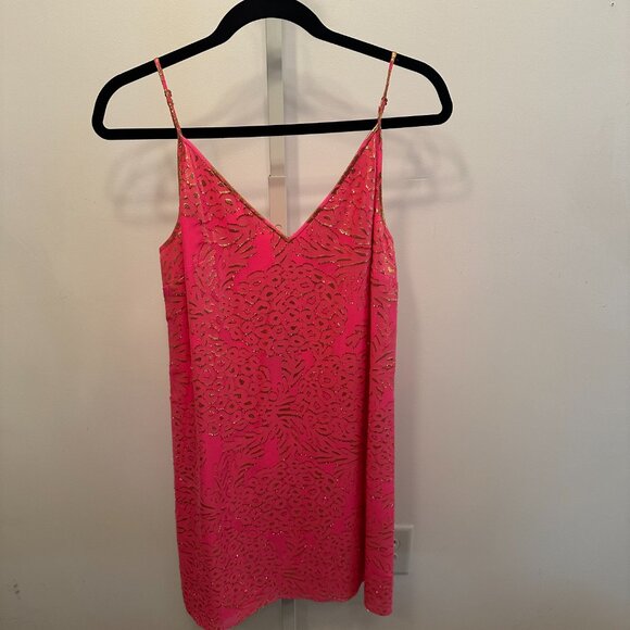Lily Pulitzer Dress Coral Reef Pineapple Silk Chiffon Metallic Gold Medium NWT - Picture 6 of 10